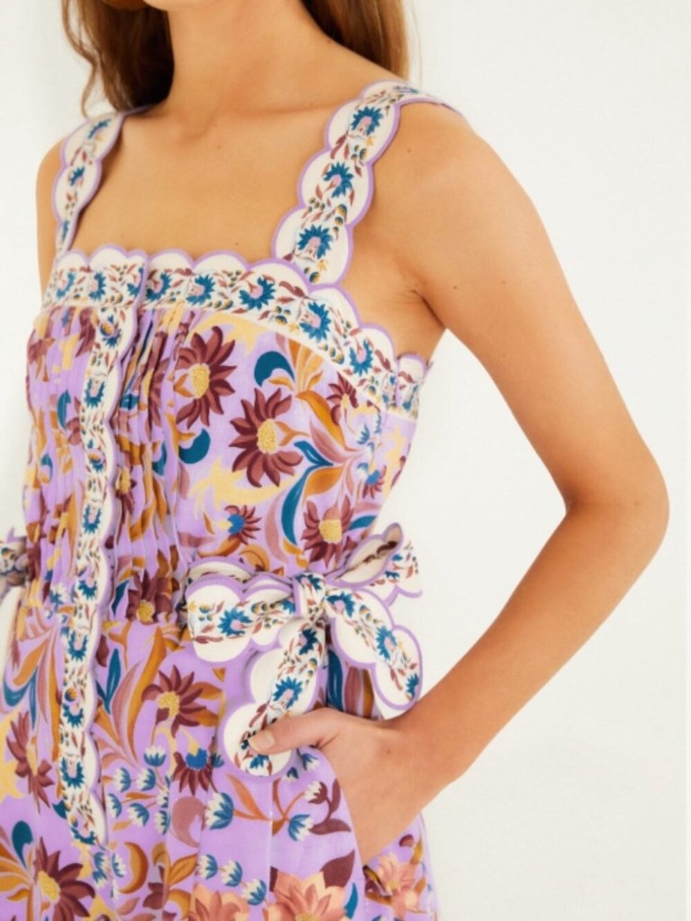 Farm Rio Flower/Floral Tiles Lilac Scalloped Linen Romper Size Medium NWT - Picture 2 of 16